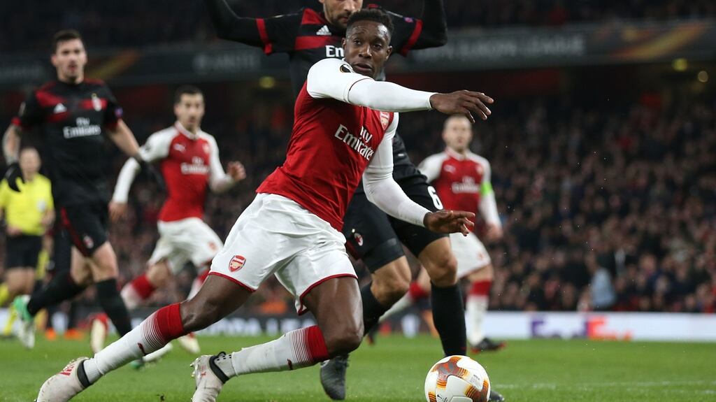 Arsenal’s Danny Welbeck is fouled and wins a penalty during the  Europa League round of 16 second-leg match against AC Milan at the Emirates Stadium. Photograph:  Nigel French/PA Wire
