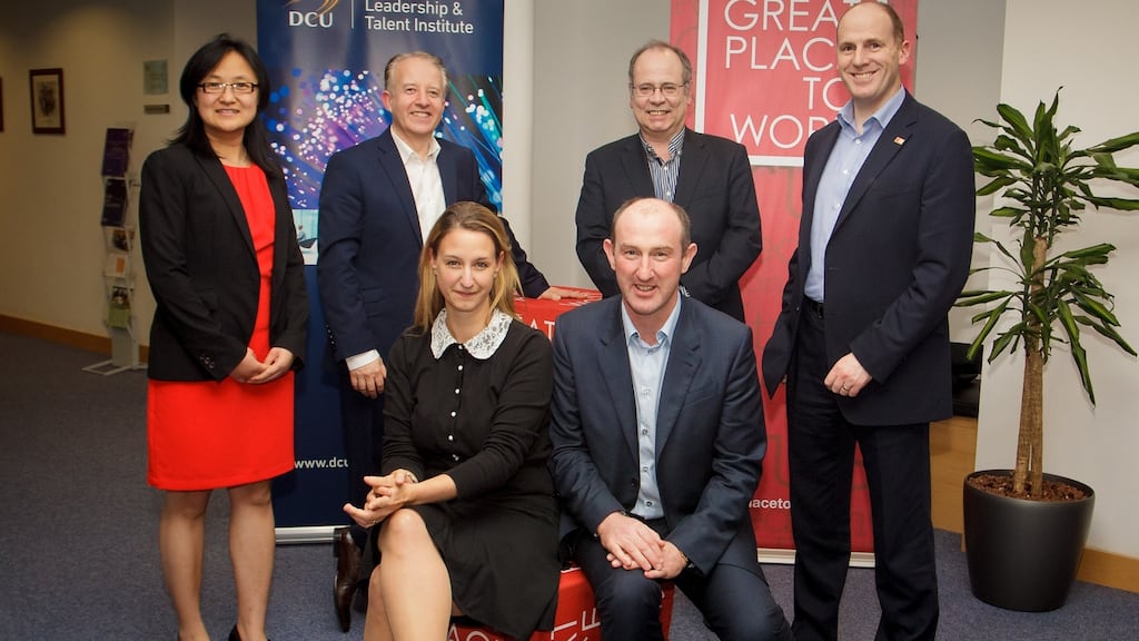 The Future of HR in Ireland: at the HR Manager Survey 2016 feedback workshop, Dr Na Fu, MU; John Ryan, CEO of Great Place To Work; Prof Patrick Flood of the Leadership and Talent Institure, DCU; Brian Sutton, Great Place To Work. Front row: Dr Janine Bosak, DCU; Jim Flynn, Great Place To Work. Photograph: Joe Keogh