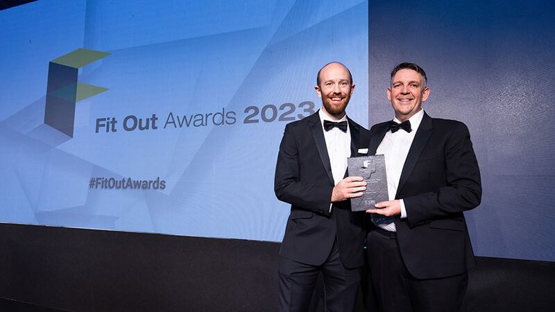Stephen Gallagher, sales manager at U Value Insulation, presents the fit out project of the year – residential (large) award to Shea Woods, Total Fitout