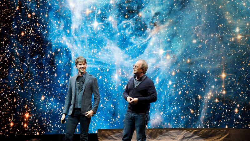 Professor Brian Cox and Robin Ince on stage during his Guinness World Record breaking live tour show. Photograph by Nicky J Sims/Getty Images