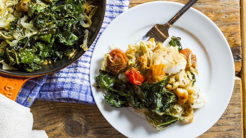 Monkfish with pastis, cherry tomatoes, fennel and kale. Photograph: Emma Jervis