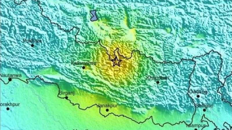 A shake map released by the US Geological Survey showing the location of an earthquake 83 kilometres east of Kathmandu, near the Chinese border, with a magnitude of 7.4. EPA