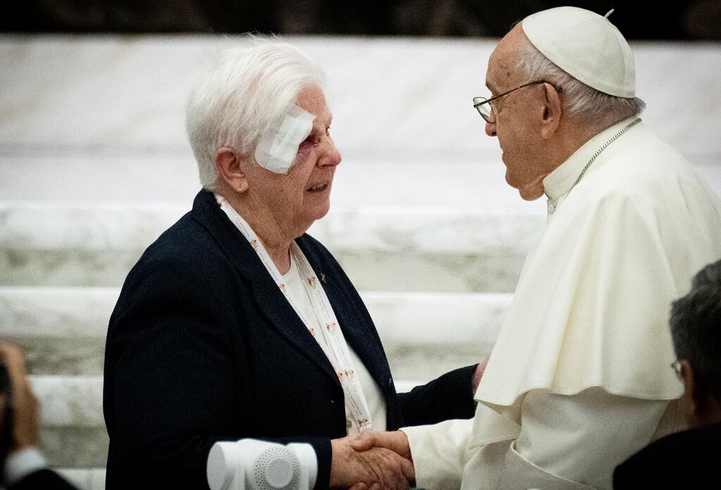 Pope Francis greets Sr Patricia Murray, one of two Irish nuns who are among the five women representing the International Union of Superiors General at the Synod of Bishops in Rome. Photograph: Tiziana Fabi/AFP/Getty