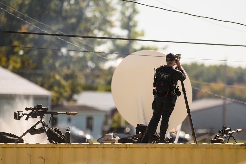Police on a rooftop during a campaign event with former US president Donald Trump at the Butler Farm Show in Butler, Pennsylvania. Photograph: Justin Merriman/Bloomberg