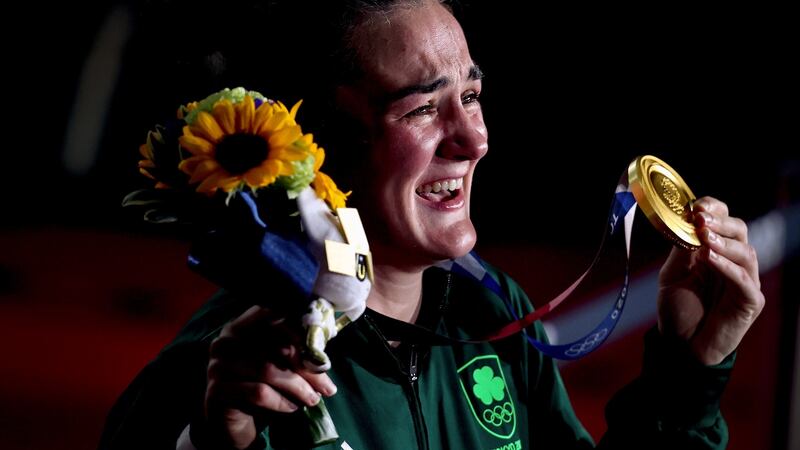 Ireland’s Kellie Harrington celebrates with her boxing gold medal at the 2020 Tokyo Olympics. Photograph: Bryan Keane/Inpho