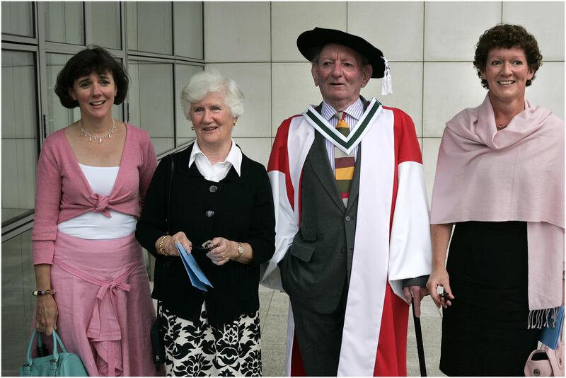 The late Brian Friel receiving the University College Dublin Ulysses Medal with his wife, Anne, and daughters Sally and Mary, in UCD.
Photograph: Dara Mac Dónaill