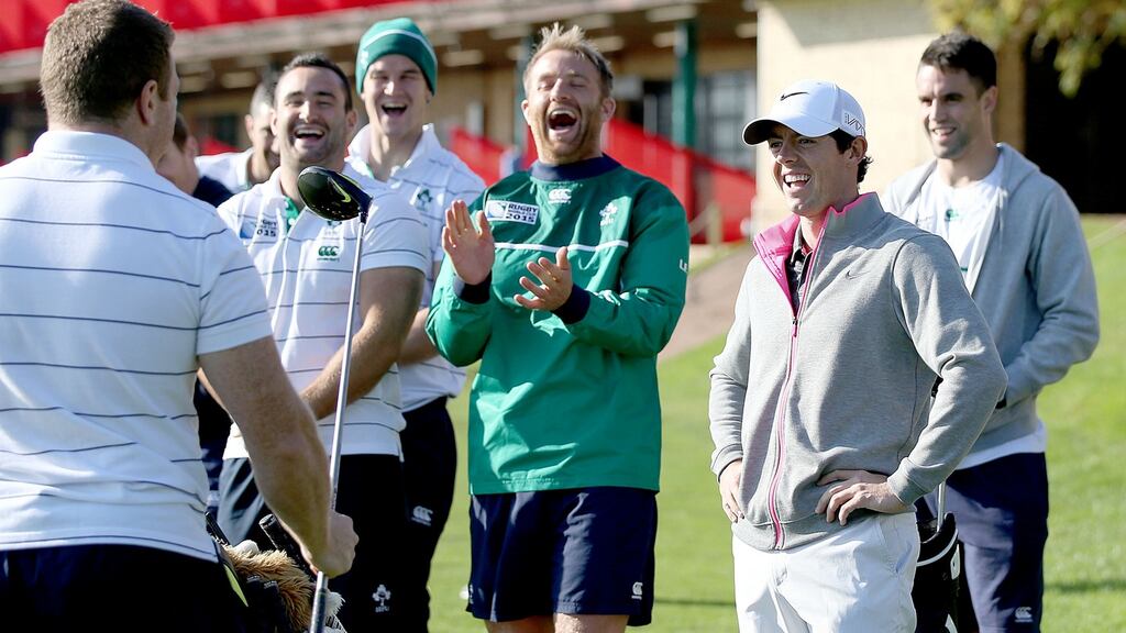 Rory McIlroy with Luke Fitzgerald, Dave Kearney, Jonathan Sexton and Conor Murray. Photograph: Dan Sheridan/Inpho