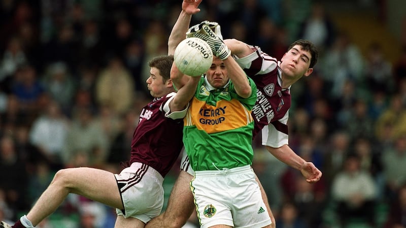 Kerry’s Aodán MacGearilt battles for possession against Westmeath in the 1999 All Ireland under-21 football final. Photograph: Billy Sticklan/Inpho