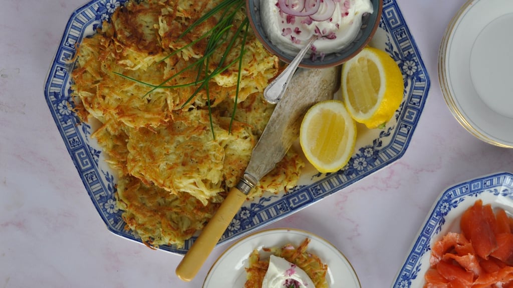 Latkes with smoked rainbow trout and crème fraiche