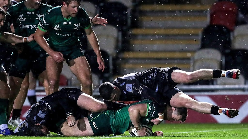 Connacht’s Matt Healy scores a try during the Guinness Pro 14 match against the Dragons at Rodney Parade in Newport. Photograph: Laszlo Geczo/Inpho