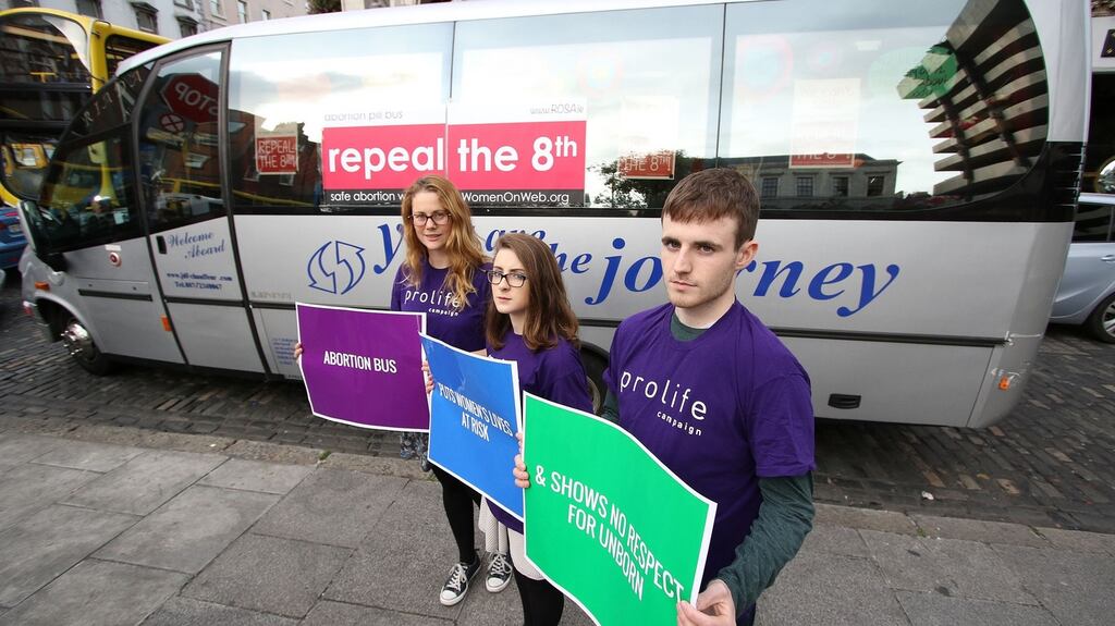 ProLife campaigners protesting against the abortion pill bus. Photograph: Nick Bradshaw