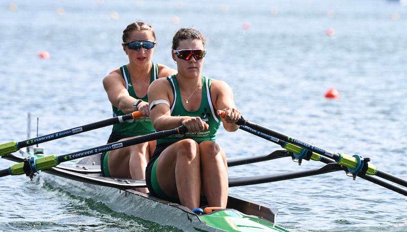 Alison Bergin and Zoe Hyde in action at the World Championships in Belgrade. Photograph: Maren Derlien/Inpho