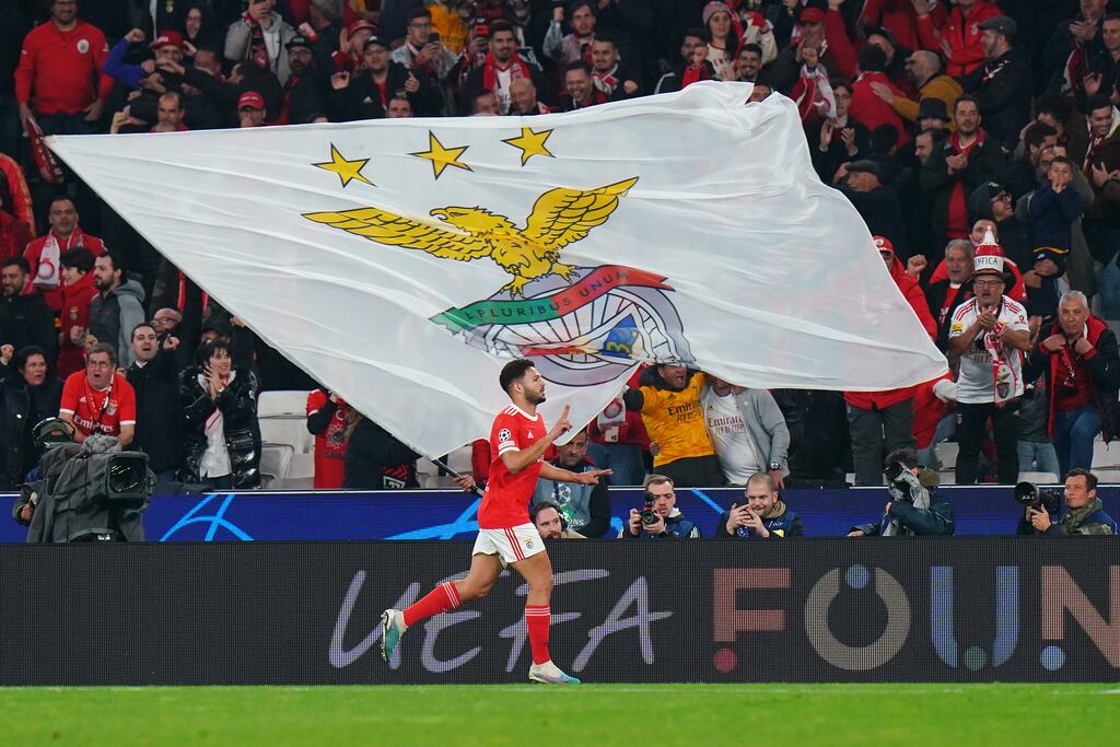 Goncalo Ramos celebrates scoring Benfica's third goal against Club Brugge in Lisbon. Photograph: Gualter Fatia/Getty Images