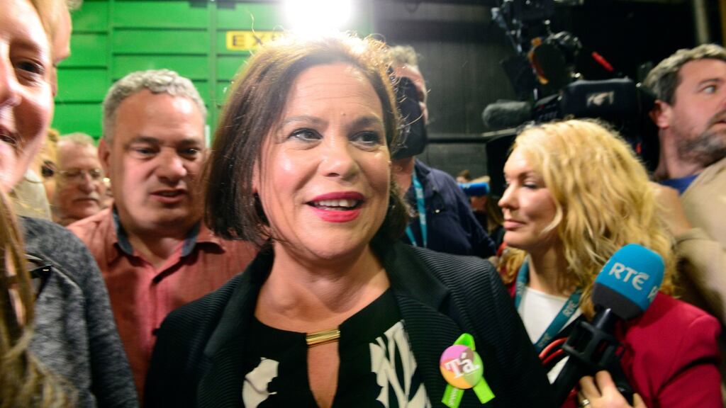 On a roll: Mary Lou McDonald at the RDS during the abortion referendum count. Photograph: Cyril Byrne
