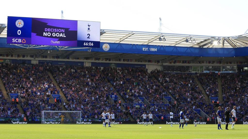 A screen displays the VAR decision to disallow   Serge Aurier’s  goal  for Tottenham Hotspur during the Premier League football match at at King Power Stadium. Photograph: Lindsey Parnaby/AFP/Getty Images