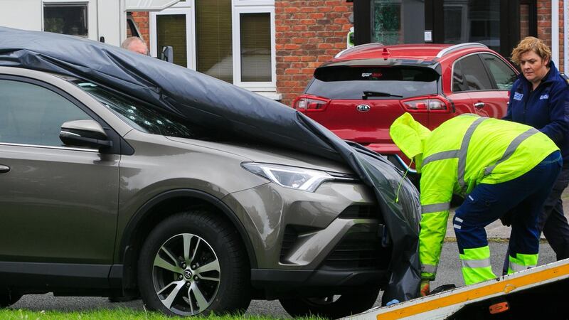 The man in his 40s was shot while driving this car in Lucan on Wednesday. Photograph: Collins.