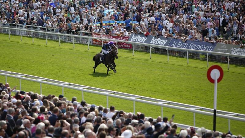 Pat Cosgrave riding Storm The Stars (left) battles it out with Bondi Beach and Joseph O’Brien on the way to winning the Great Voltigeur Stakes at York. Photograph: Alan Crowhurst/Getty Images