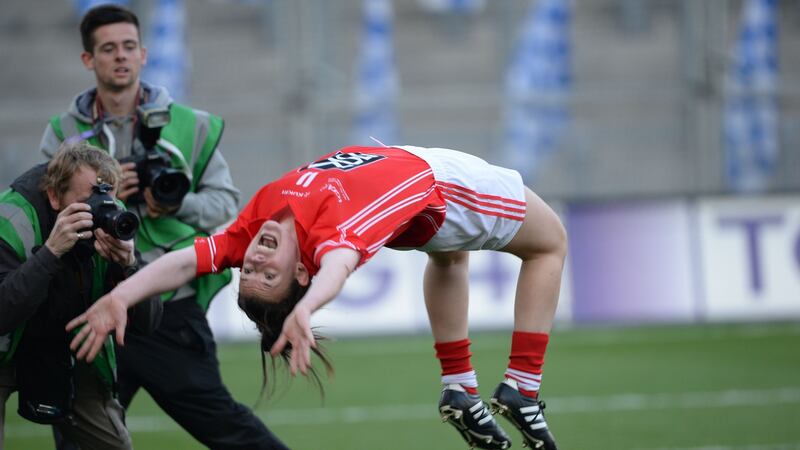 Doireann O’Sullivan celebrates with a back flip after the All-Ireland final win over Monaghan in 2013. She has won five All-Ireland medals for the county. Photograph: Alan Betson