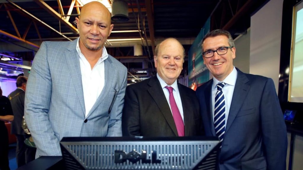 Paul Walsh (left), Dell’s chief information officer, with Minister for Finance Michael Noonan and president of Europe, Middle East and Africa (EMEA) at Dell Aongus Hegarty at the announcement of Dell’s decision to create 100 innovation technology R&D roles at its Limerick Campus. Photograph: Don Moloney / Press 22