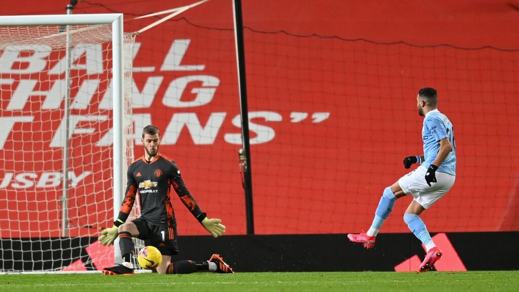 Manchester City’s Riyad Mahrez has a shot saved by United goalkeeper David de Gea during the Premier League match at Old Trafford. Photograph: PA Photo