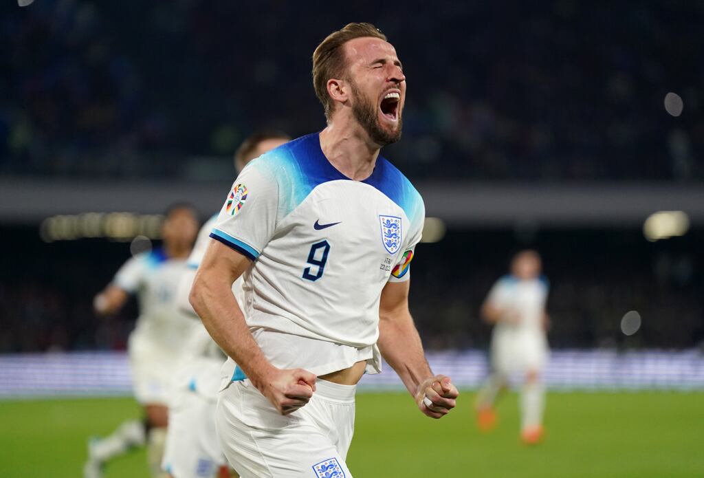England's Harry Kane celebrates scoring his side's second goal from the penalty spot during the Euro 2024 qualifier against Italy at the Diego Armando Maradona Stadium in Naples. Photograph: Adam Davy/PA Wire
