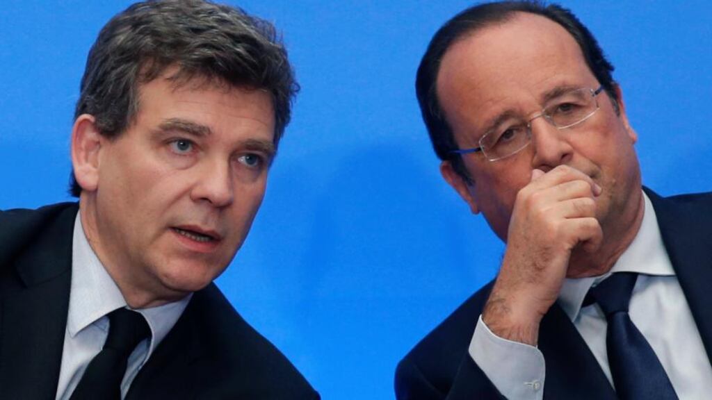 French economy minister Arnaud Montebourg (left) and president Francois Hollande. First quarter data released today on the economy missed expectations of analysts. Photograph: Christian Hartmann/Reuters
