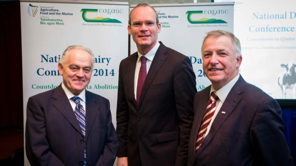 Dom Moran, secretary general of the Department of Agriculture with Minister Simon Coveney and Gerry Boyle, director of Teagasc, at the National Dairy Conference.  Photograph: John T Ohle