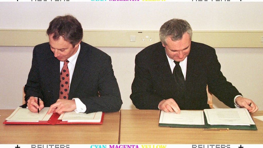 Former British prime minister Tony Blair and former taoiseach Bertie Ahern pictured signing the Good Friday Agreement in 1998. Both men say they believe the current, post Brexit, difficulties can be overcome. Photograph: Dan Chung / Reuters
