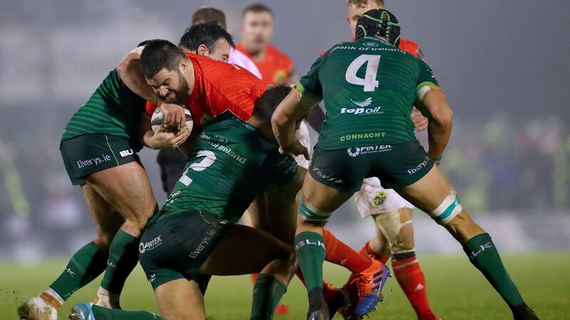 Munster’s Kevin O’Byrne is stopped in his tracks during the Guinness Pro 14 game against Connacht at the Sportsground in Galway. Photograph: Billy Stickland/Inpho