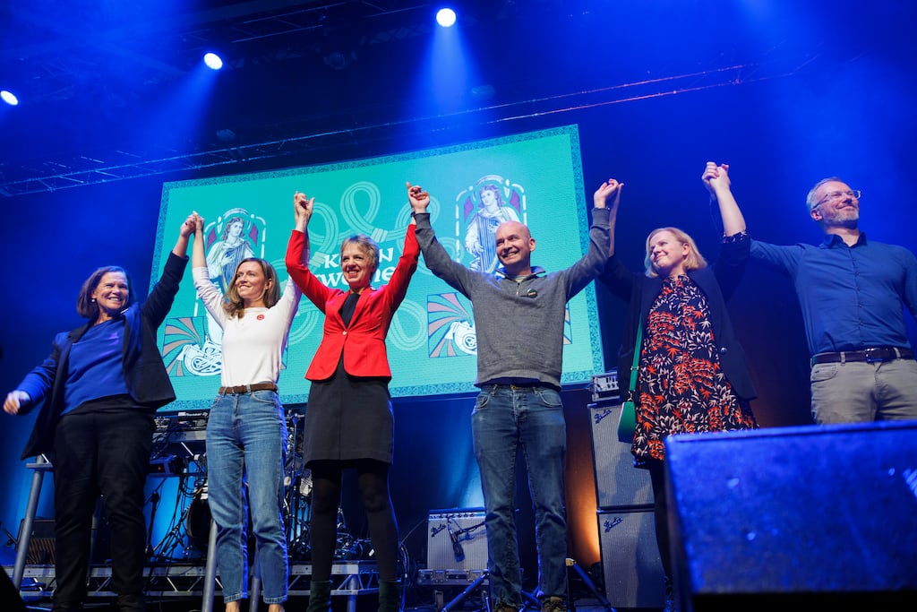 Left wing party leaders and members; Mary Lou Macdonald T.D. (L), Holly Cairns T.D. (L) Ivana Bacik (C), Paul Murphy T.D., Ruth Coppinger T.D. (R) and Roderic O'Gorman (R) on stage in Vicar Street, Dublin, They all endorsed Independent presidential candidate Catherine Connolly in the presidential election. Photo: Dan Dennison