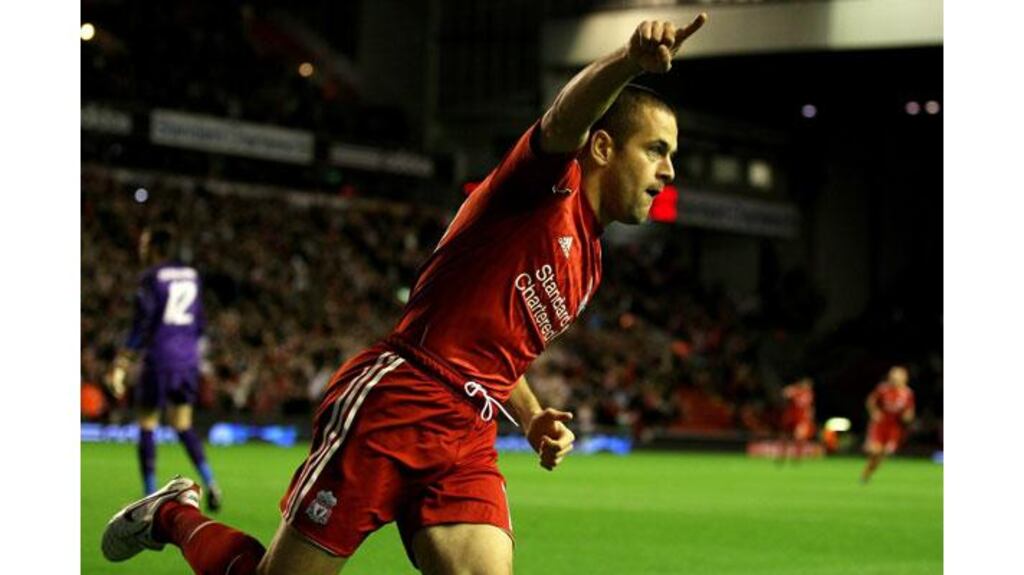 Liverpool's Joe Cole celebrates scoring the opening goal during the Uefa Europa League Group K match against Steaua Bucharest at Anfield (Photograph: Alex Livesey/Getty Images)