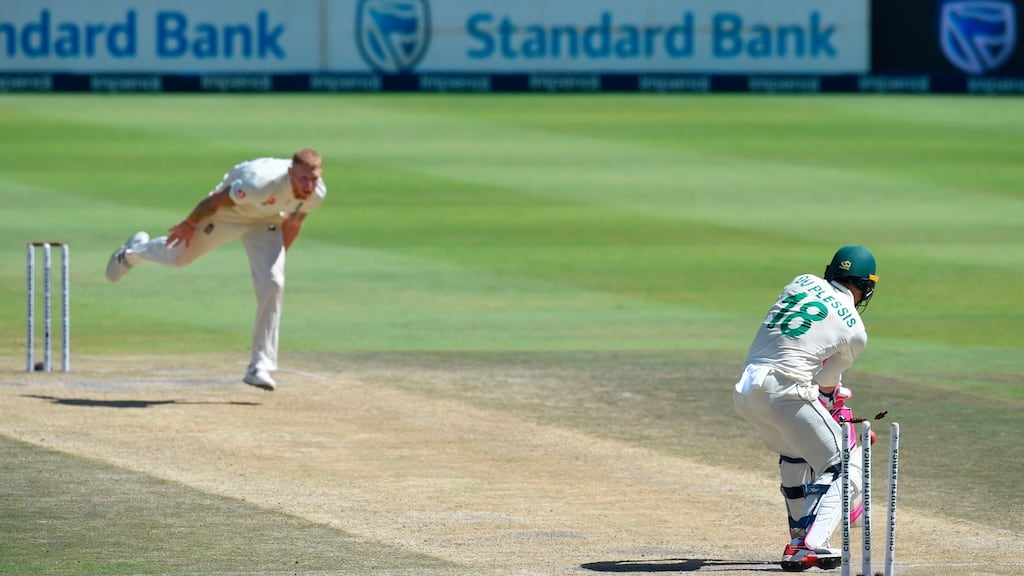 South Africa’s captain Faf du Plessis is bowled by England’s Ben Stokes during the fourth day of the fourth Test at the Wanderers Stadium in Johannesburg. Photo: Christiaan Kotze/Getty Images