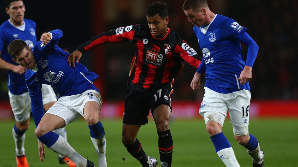 James McCarthy (R) is a doubt for Everton’s League Cup quarter-final trip to play Middlesbrough on Tuesday night. Photograph: Getty