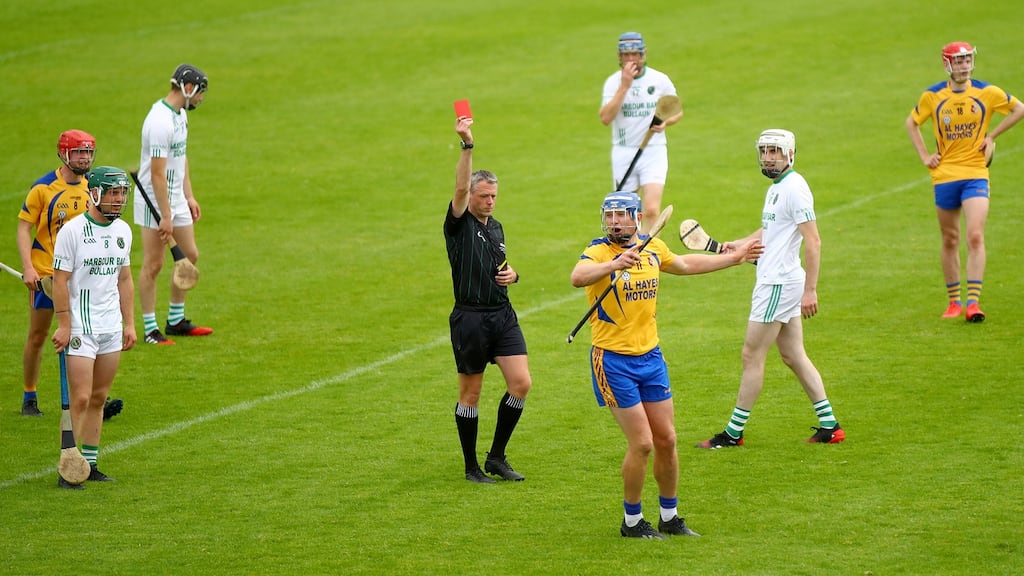 Joe Canning is shown a red card whilst playing for Portumna against Sarsfields the the 2020 Galway club championship. Photograph: James Crombie/Inpho