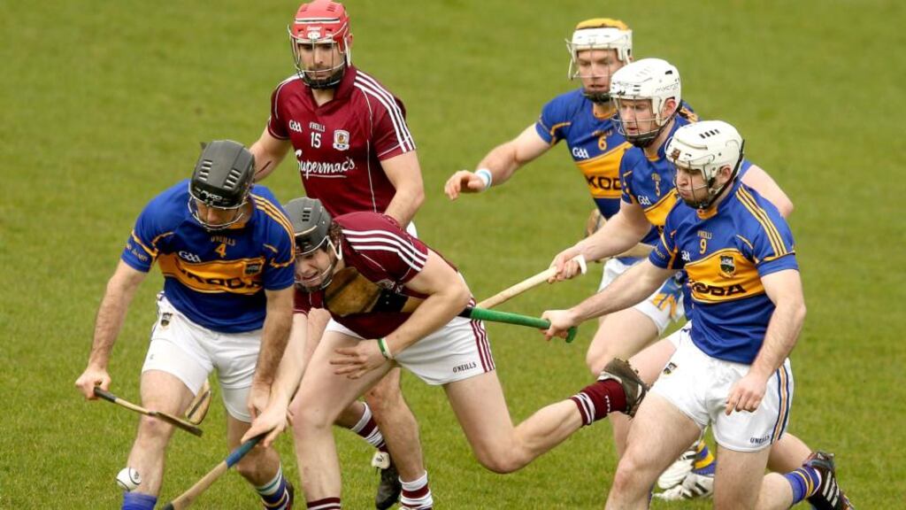 Tipperary’s Padraic Maher, Gearoid McInerney, Gearoid Ryan and Conor O’Brien with James Regan and Joseph Cooney of Galway during their Allianz Hurling League Division 1A clash in Semple Stadium. Photograph: James Crombie/Inpho