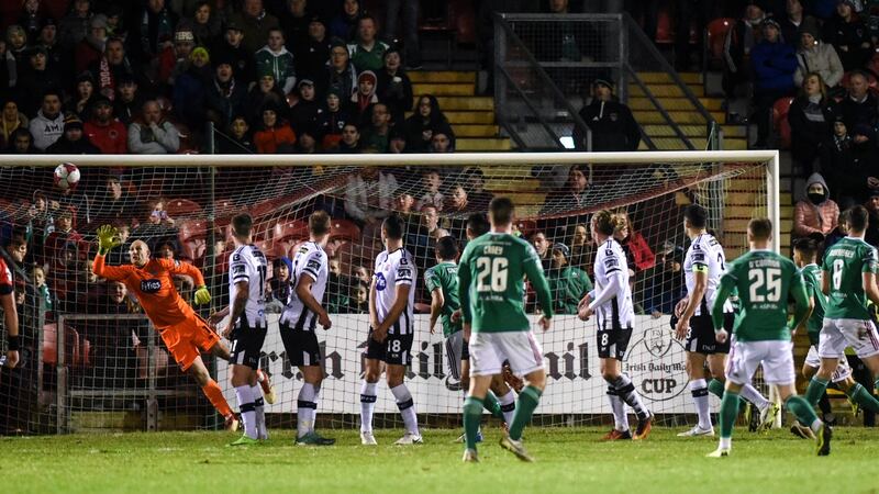 Kevin O’Connor scores a free-kick for Cork during their loss to Dundalk in last week’s President’s Cup. Photo: Ciaran Culligan/Inpho