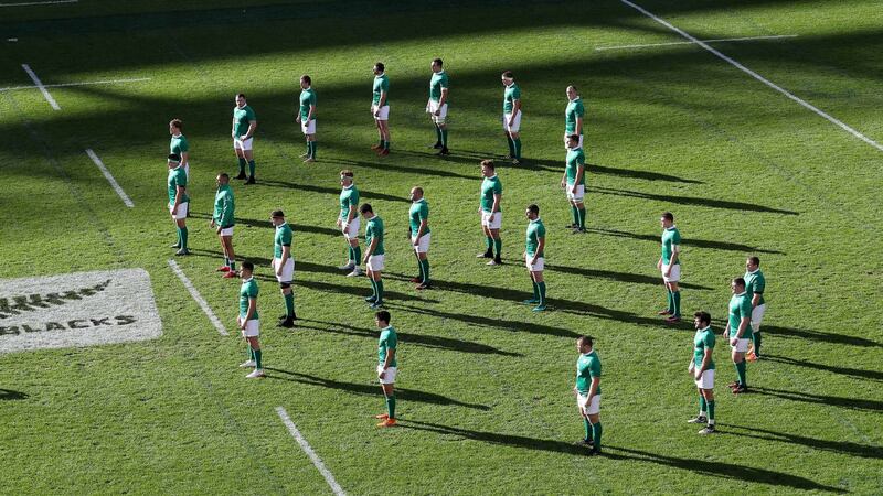 Ireland players face the Haka in a shape of eight in memory of Anthony Foley at Soldier Field in Chicago in 2016. Photograph: Billy Stickland/Inpho