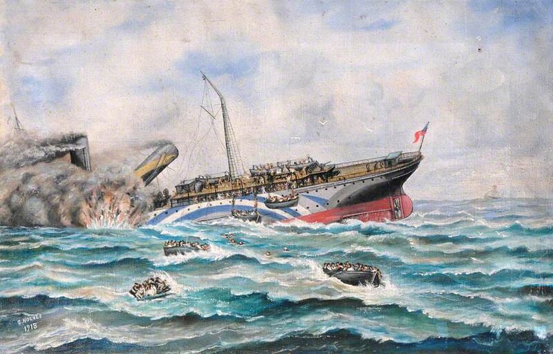 RMS Leinster: the ship’s sinking, as painted by Simeon Hughes. Courtesy of Holyhead Maritime Museum