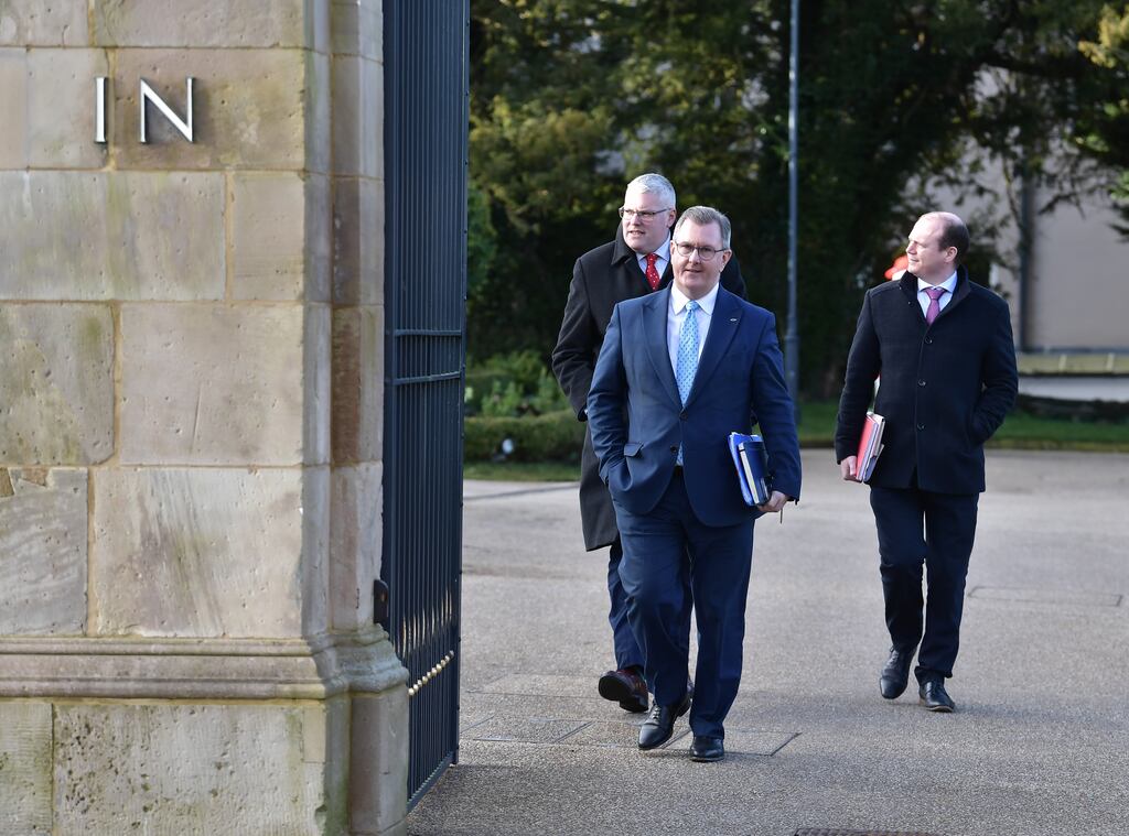 Democratic Unionist party leader Jeffrey Donaldson exits Hillsborough Castle following talks on Tuesday  in Belfast. The Democratic Unionist Party (DUP), which has been boycotting a power-sharing government at Stormont since 2022 in protest of post-Brexit trade rules, rejected any potential deal to restore devolution in Northern Ireland by Christmas. (Photo by Charles McQuillan/Getty Images)