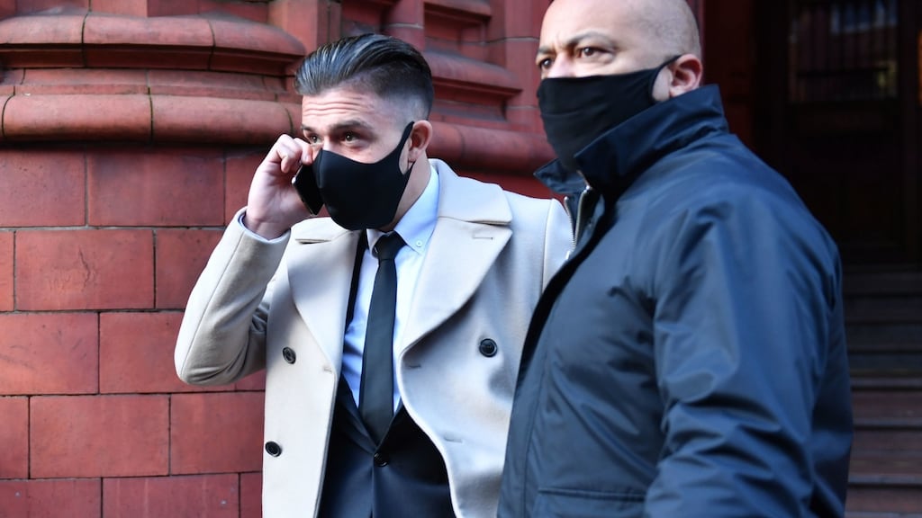 Aston Villa captain, Jack Grealish, leaves Birmingham Magistrates’ Court, Birmingham, after he was banned from driving for nine months and fined £82,499 for two charges of careless driving. Photo: Jacob King/PA Wire