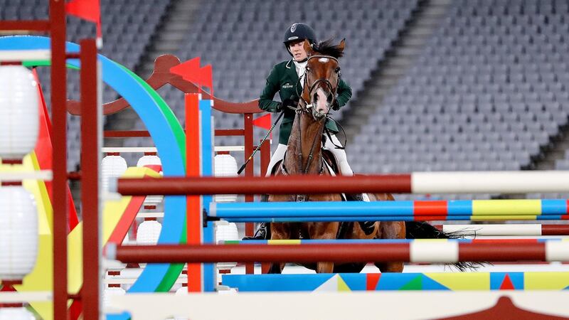 Ireland’s Natalya Coyle when the horse Constantin refused to jump during the riding section of the Modern Pentathlon in Tokyo. Photograph: Bryan Keane/Inpho