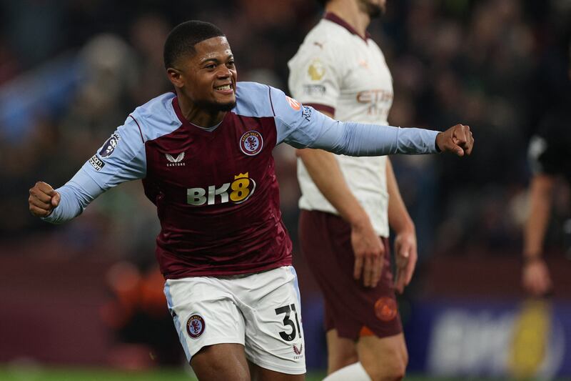 Aston Villa's Jamaican striker Leon Bailey celebrates after scoring. Photograph: Adrian Dennis/AFP via Getty Images