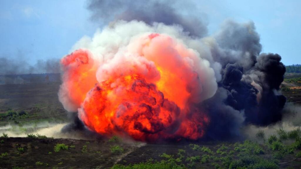 An explosion during a Nato military exercise in Drawsko Pomorskie military range in Poland. A global security report said on Wednesday that the cost of violence around the world reached a record $14.3 trillion last year. Photograph: Marcin Bielecki/EPA.