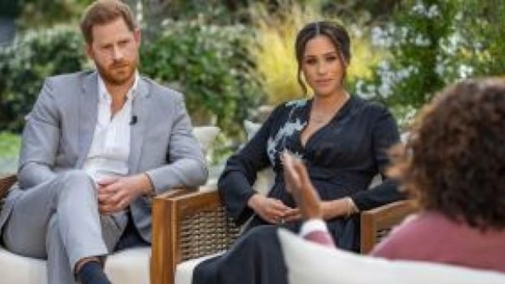 Prince Harry, Duke of Sussex, and Meghan, Duchess of Sussex, in conversation with Oprah Winfrey. Photograph: Joe Pugliese/Harpo Productions via AP