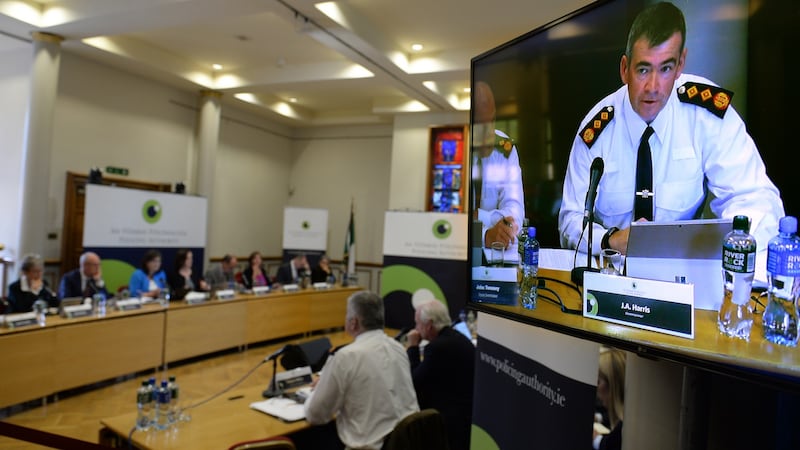 Garda Commissioner Drew Harris at his first meeting with the Policing Authority in Dublin Castle: policing of public protests is firmly on the agenda. Photograph: Dara Mac Dónaill
