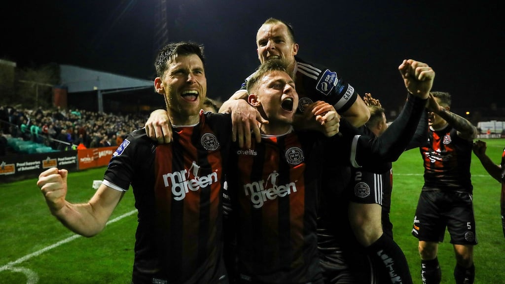 Bohemians’ Dinny Corcoran celebrates scoring the only goal during their Airtricity League win over Shamrock Rovers. Photograph: Ryan Byrne/Inpho