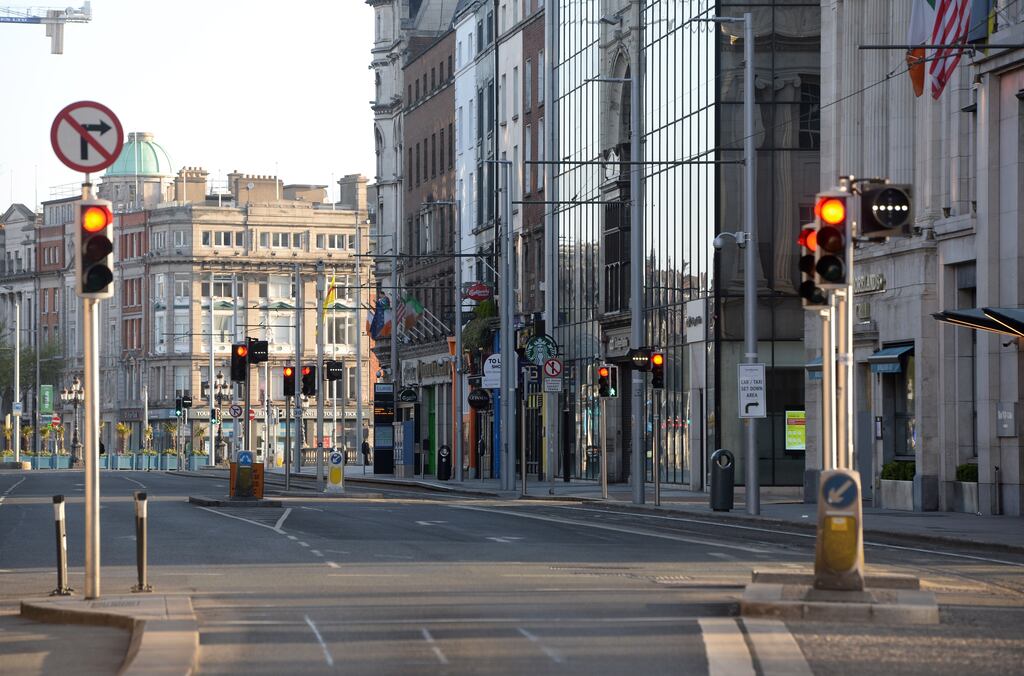 Empty Westmoreland Street, Dublin city during the Covid-19 lockdown. (Photograph: Dara Mac Dónaill / The Irish Times
