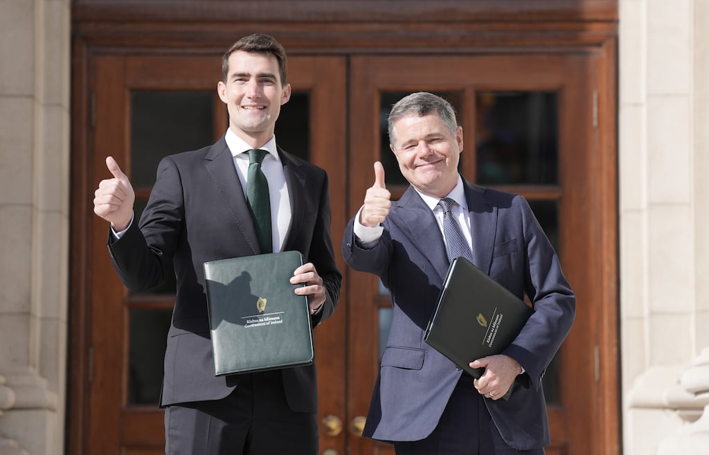 Budget 2025: Minister for Finance Jack Chambers (left) and Minister for Public Expenditure Paschal Donohoe outside the Dáil. Photograph: Niall Carson/PA