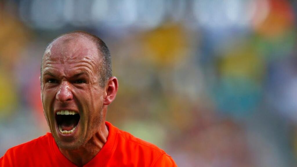 Arjen Robben of the Netherlands celebrates after winning their 2014 World Cup round of 16 game against Mexico at the Castelao arena in Fortaleza. Photograph: Eddie Keogh/Reuters