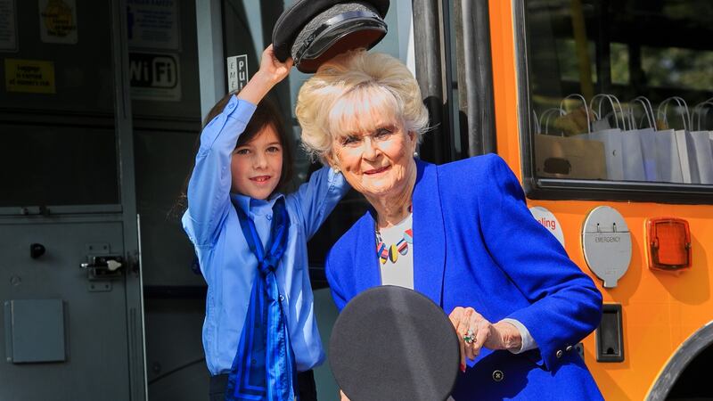 Mya Lynn (8) from Lucan dressed in a Dublin Bus uniform with motor racing legend Rosemary Smith at the launch of the Dublin Bus female recruitment drive. Photograph: Gareth Chaney/Collins